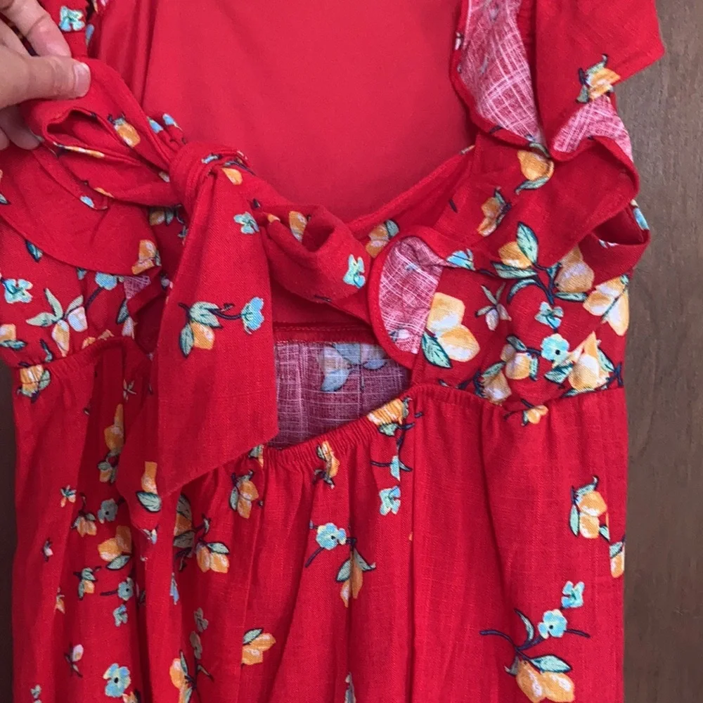 Relist7/18❌ LC LAUREN CONRAD red with lemon & floral print tie back dress - Picture 9 of 16